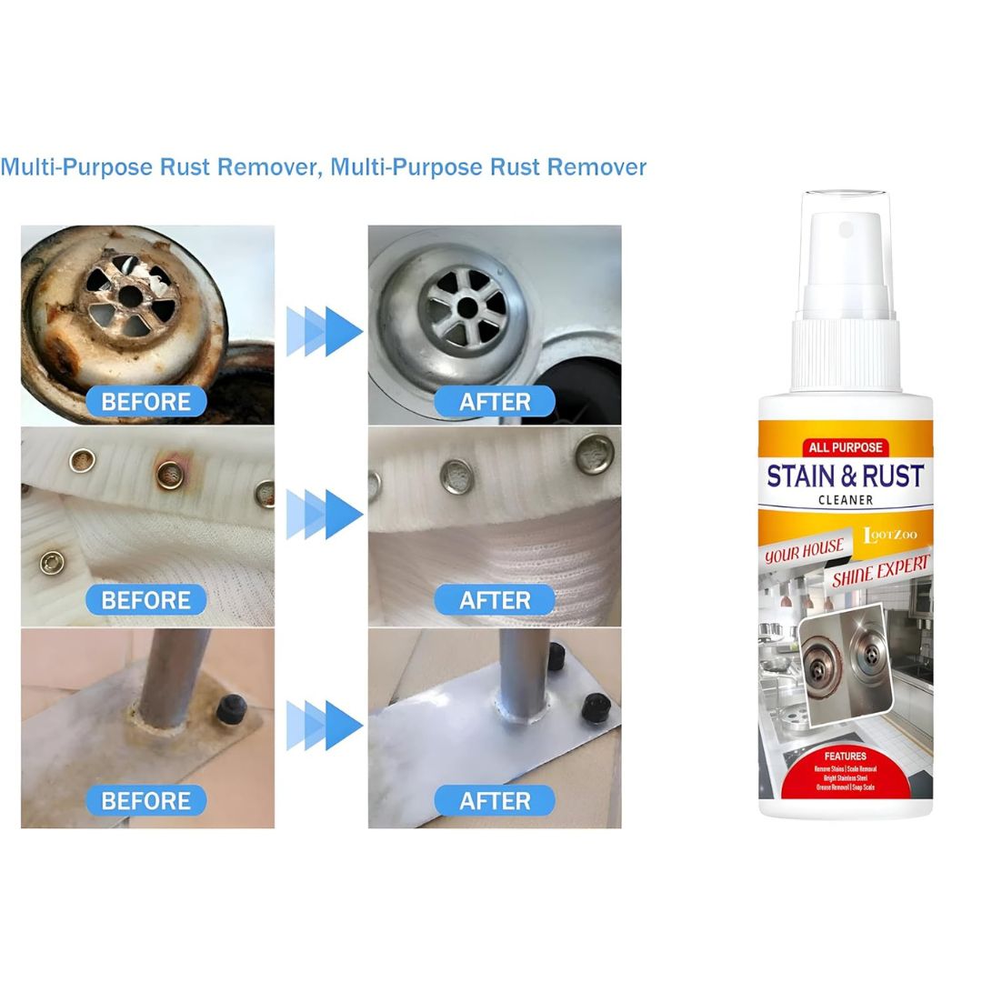 Before and after results of Stain and Rust Cleaner Spray on a rusted drain and metal fittings