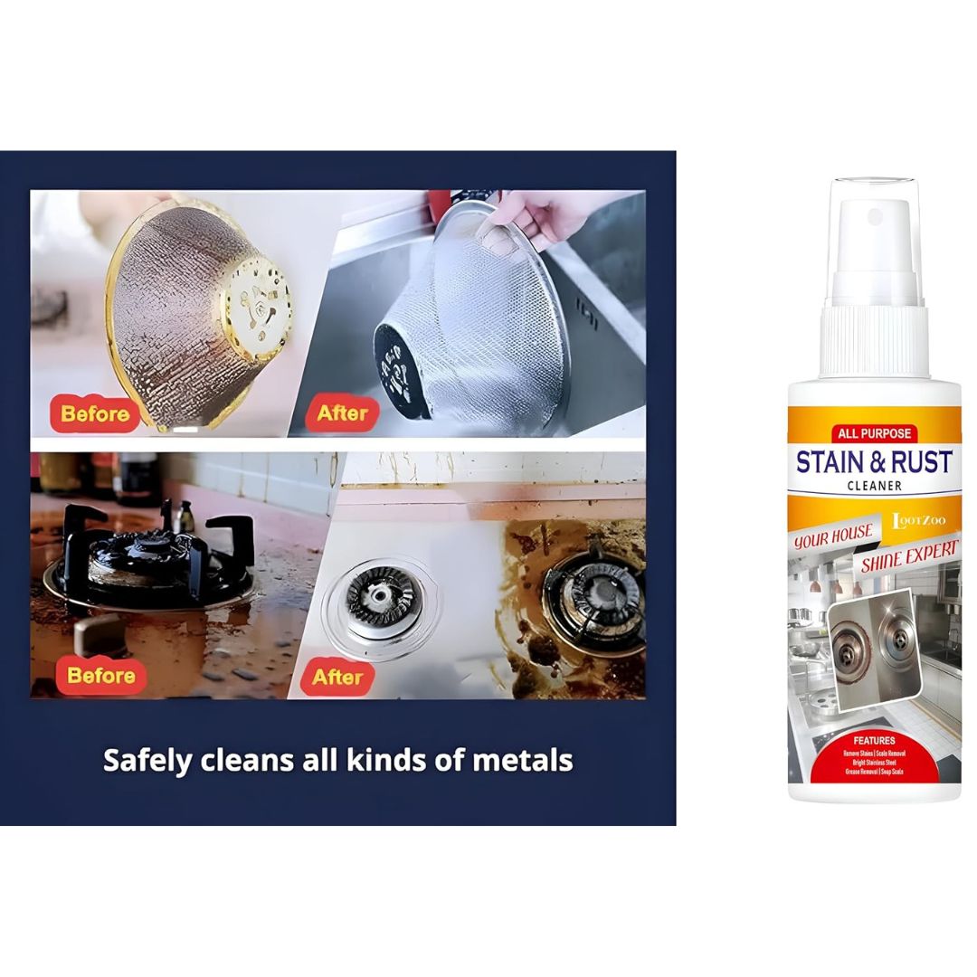 Stain and Rust Cleaner Spray safely cleaning rusted metal cookware and stovetop