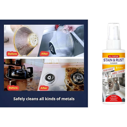 Stain and Rust Cleaner Spray safely cleaning rusted metal cookware and stovetop