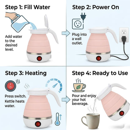 Pink electric foldable kettle folded flat compared to extended position