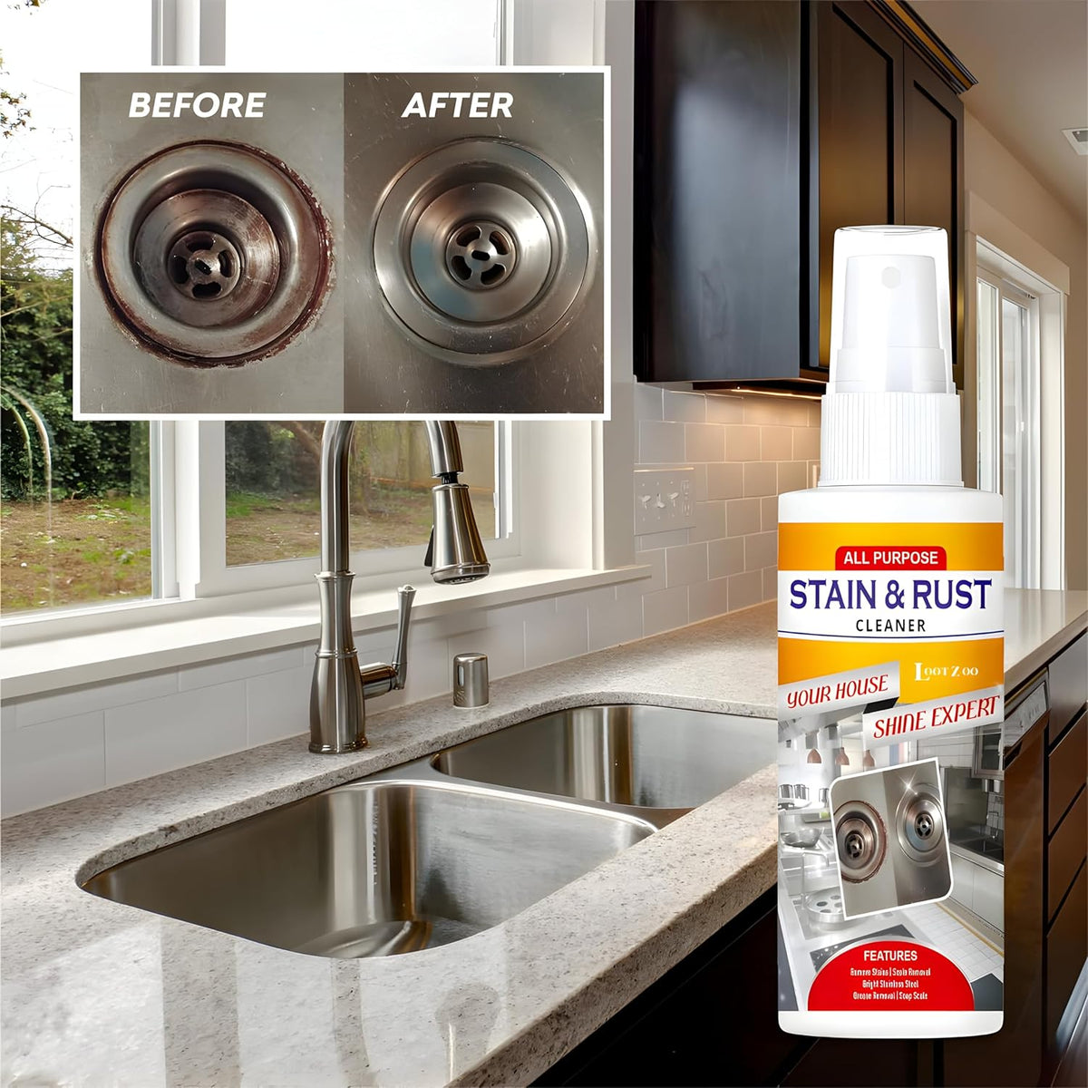 Rusted kitchen sink drain before and after using Stain and Rust Cleaner Spray