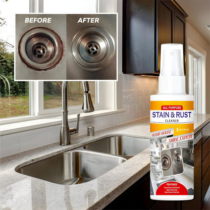 Rusted kitchen sink drain before and after using Stain and Rust Cleaner Spray