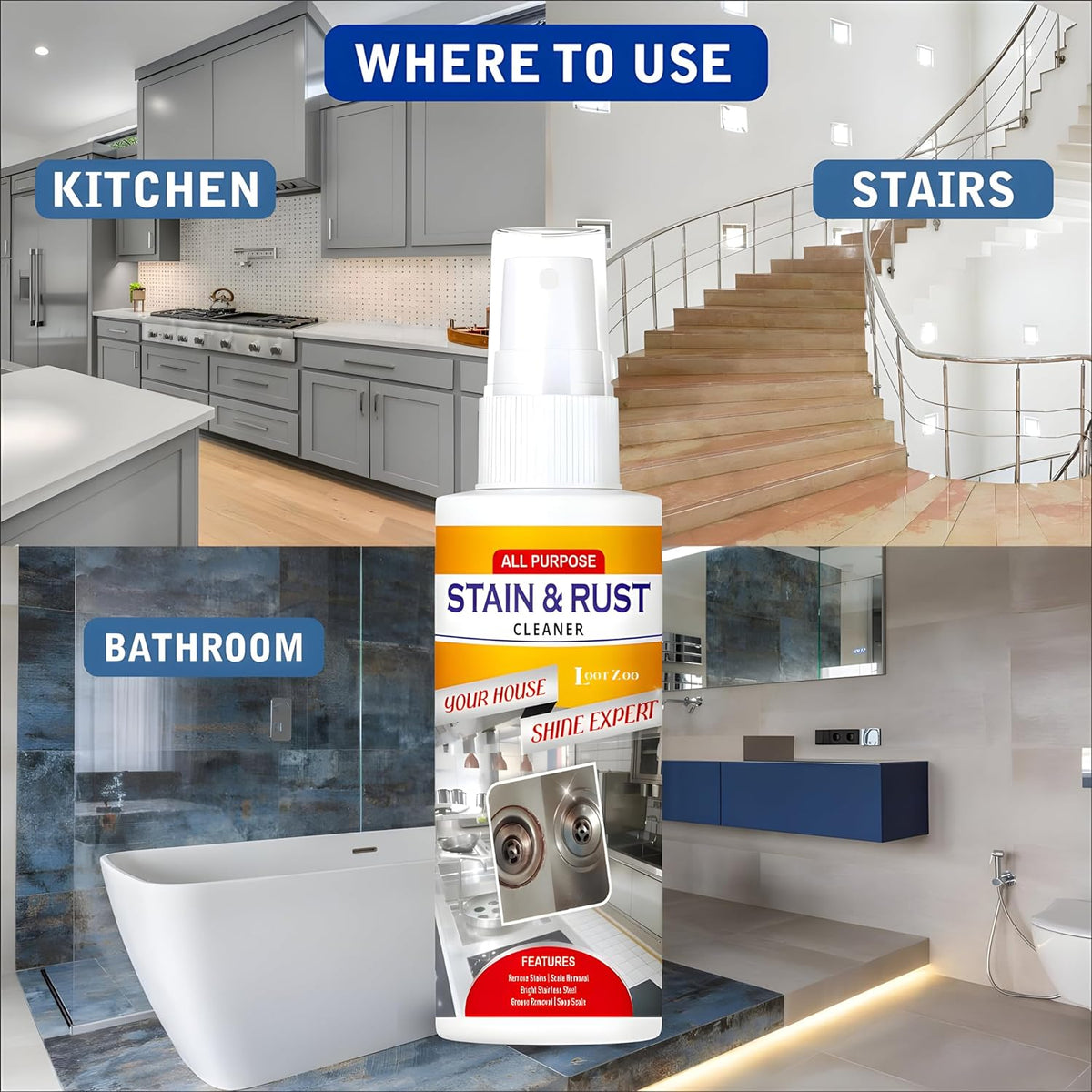 Stain and Rust Cleaner Spray recommended for kitchen, bathroom and stair surfaces