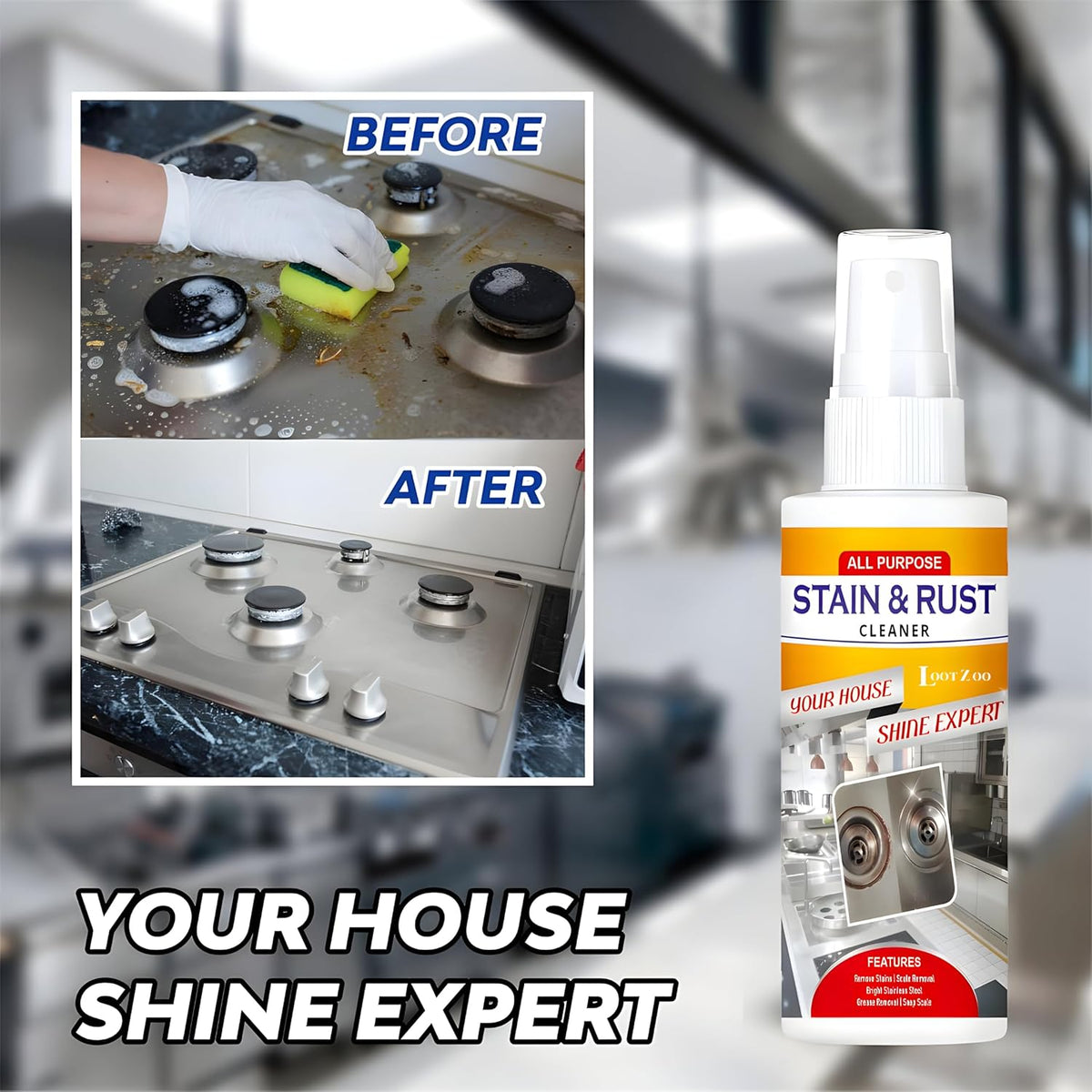 Greasy stovetop before and after cleaning with Stain and Rust Cleaner Spray