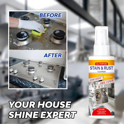 Greasy stovetop before and after cleaning with Stain and Rust Cleaner Spray