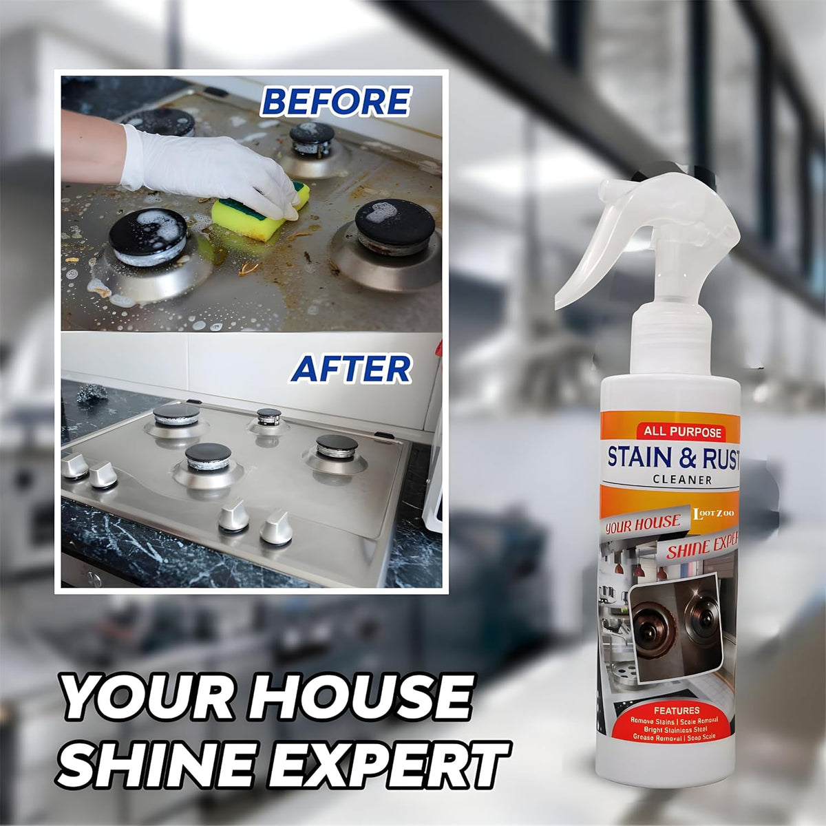 Cleaning a greasy stovetop with Stain and Rust Cleaner Spray, before and after