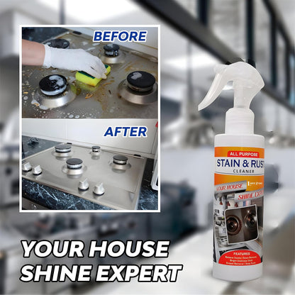 Cleaning a greasy stovetop with Stain and Rust Cleaner Spray, before and after