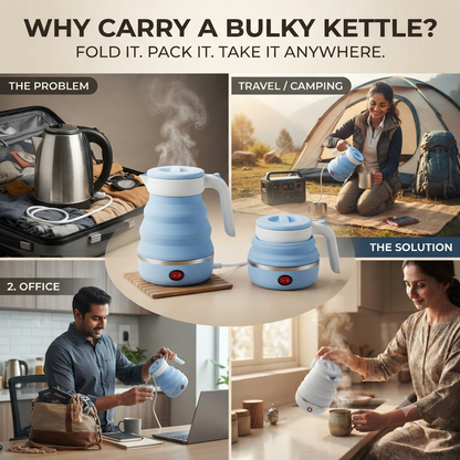 Blue foldable kettle space-saving comparison across travel, office and kitchen use