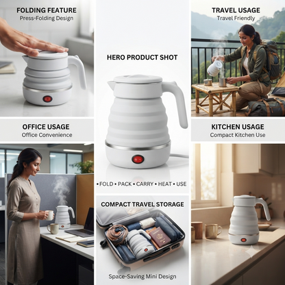 White foldable kettle folding feature, office, travel and kitchen use collage