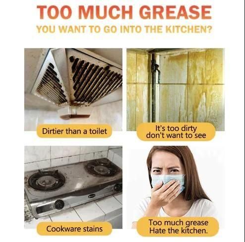 Greasy, stained kitchen exhaust and stovetop before cleaning with Stain and Rust Cleaner Spray